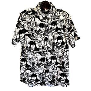 Anime Japanese Comic Strip Manga Graphic Art button up Short Sleeve Shirt Small